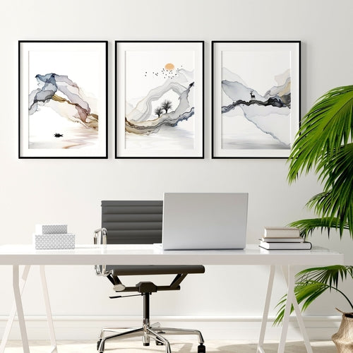 Set of 3 Modern Minimalist Home Office Framed Wall Art Prints – Elegant Workspace Wall Decor