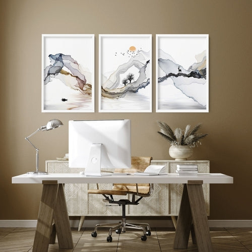 Set of 3 Modern Minimalist Home Office Framed Wall Art Prints – Elegant Workspace Wall Decor