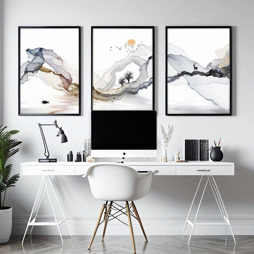 Set of 3 Modern Minimalist Home Office Framed Wall Art Prints – Elegant Workspace Wall Decor