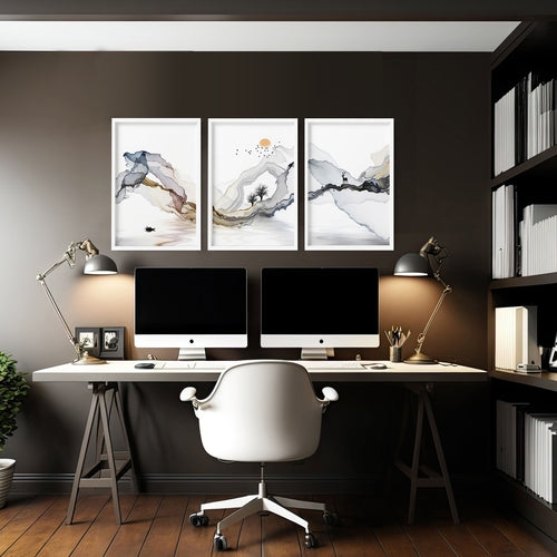Set of 3 Modern Minimalist Home Office Framed Wall Art Prints – Elegant Workspace Wall Decor
