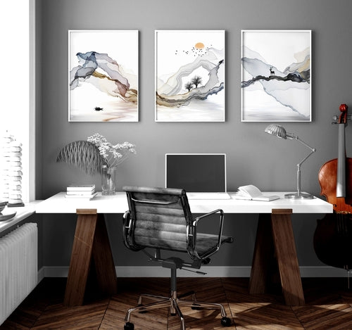 Set of 3 Modern Minimalist Home Office Framed Wall Art Prints – Elegant Workspace Wall Decor