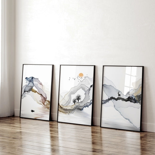 Set of 3 Modern Minimalist Home Office Framed Wall Art Prints – Elegant Workspace Wall Decor